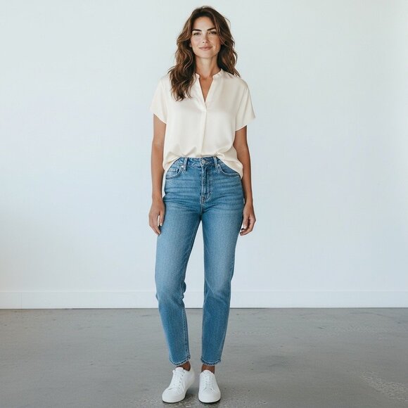 A New Day Womens Cream Short-Sleeve Button-Up Shirt Blouse Size Large - Picture 2 of 8